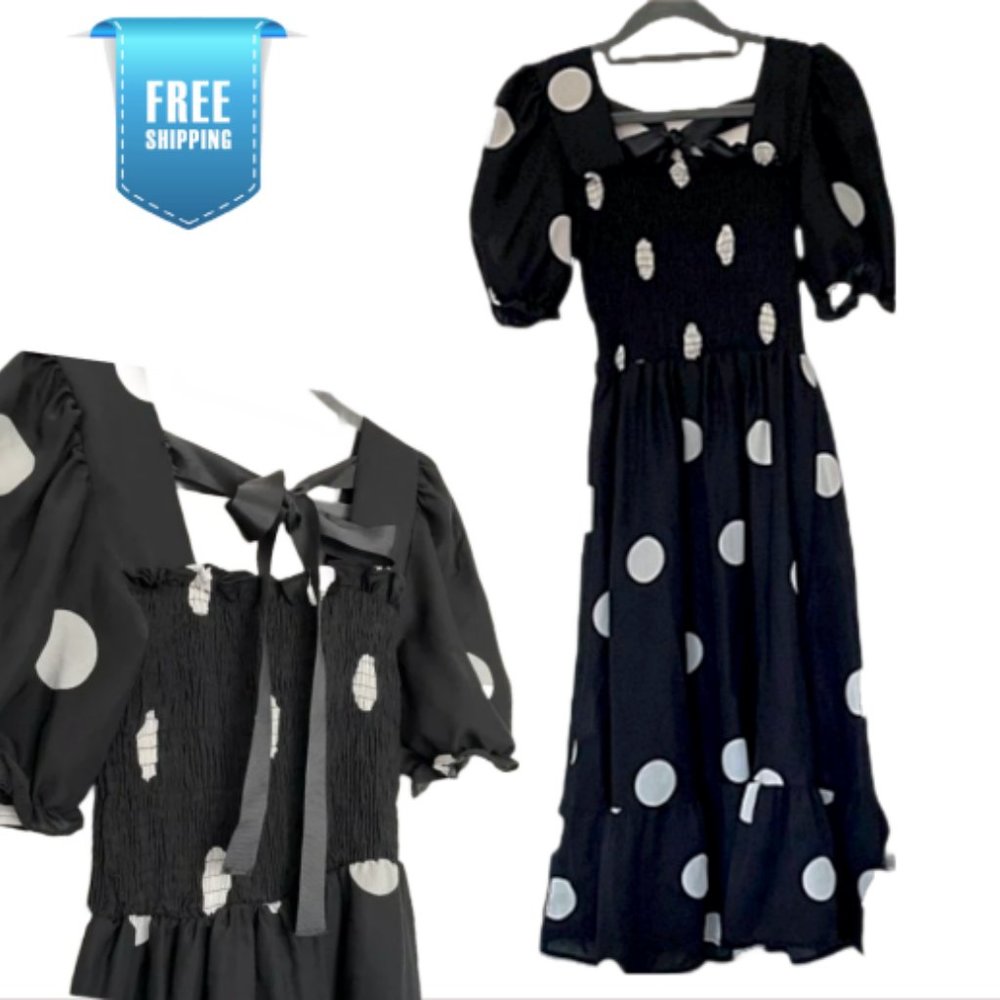 RUFFLE POINT A LINE POLKA DOT DRESS BLACK - one size (S/M/L)